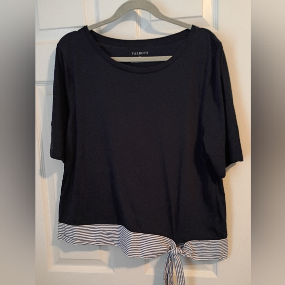 Talbots Dark Blue Short Sleeve Top with Striped Tie Waist Detail